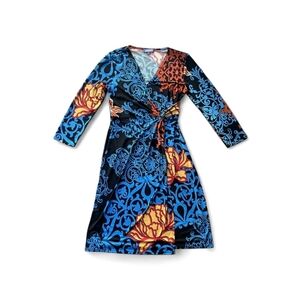 Vivienne Tam Long Sleeve Wrap Dress with Blue and Black Patterns